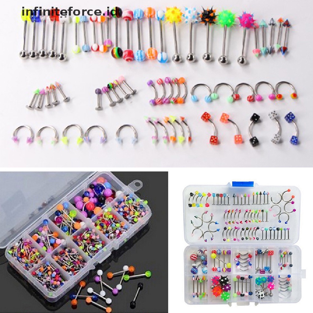 Infiniteforce.id 60pcs / Set Anting Tindik Lidah / Bibir / Tubuh Bentuk Barbel Warna Campur Untuk Wanita