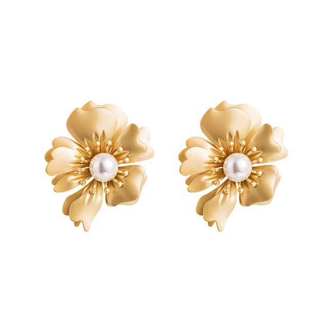 LRC Anting Tusuk Fashion Golden Flower Pearl Earrings D63839