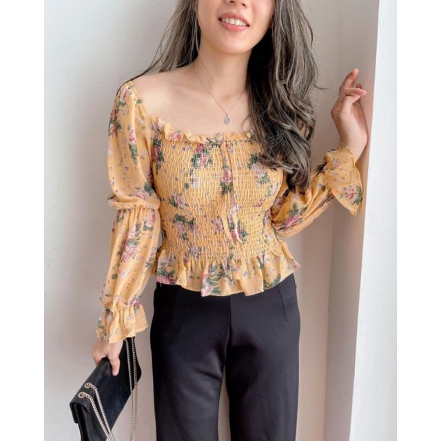 Atasan blouse sabrina kerut karet dada fit body slim fit lengan rumbai peplum vintage kawaii japan s