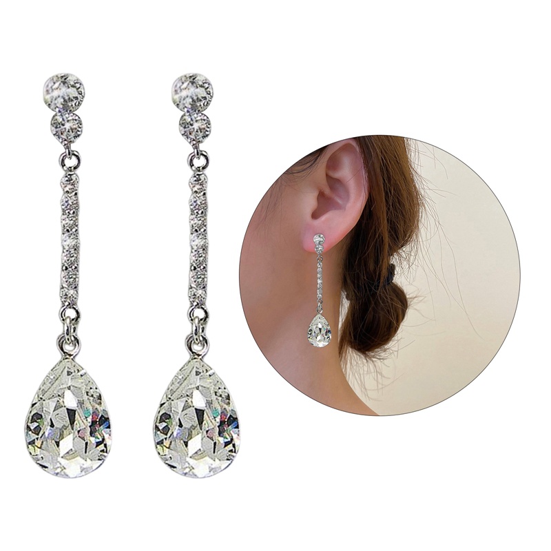 Anting Juntai Bentuk Water Drop Cubic Zirconia Kristal Warna Silver Untuk Wanita