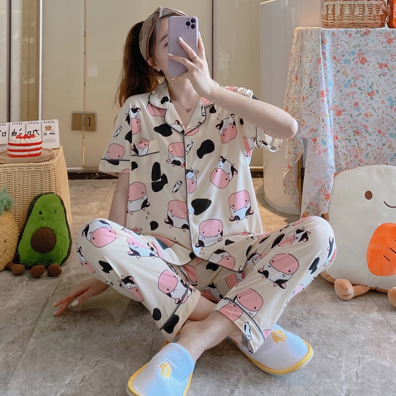 Piyama Baju Tidur Wanita Import Fashion Karakter CP Kerah Kemeja Lengan Pendek Celana Panjang-7402
