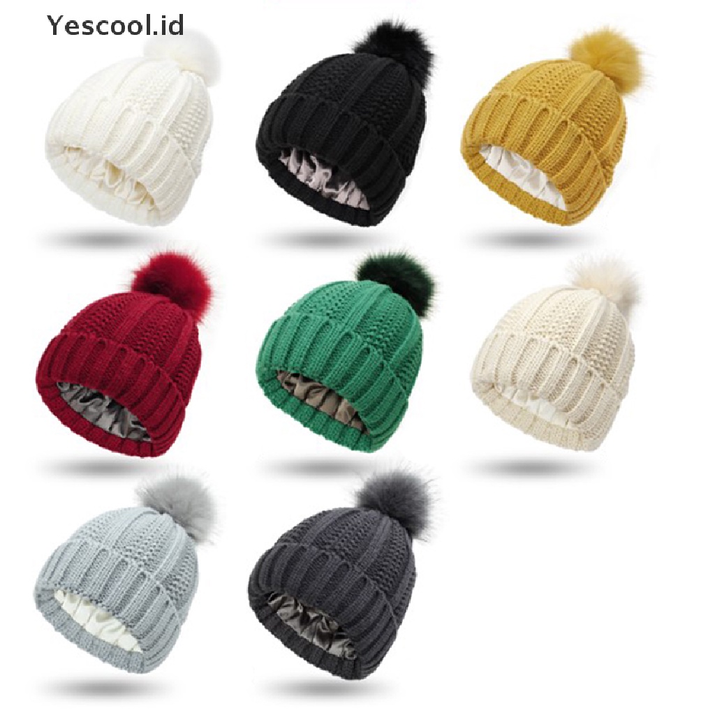 【Yescool】 Warm Satin Lined Skull Cap Soft Stretch Cable Wool Knit Hats Beanie Hat .