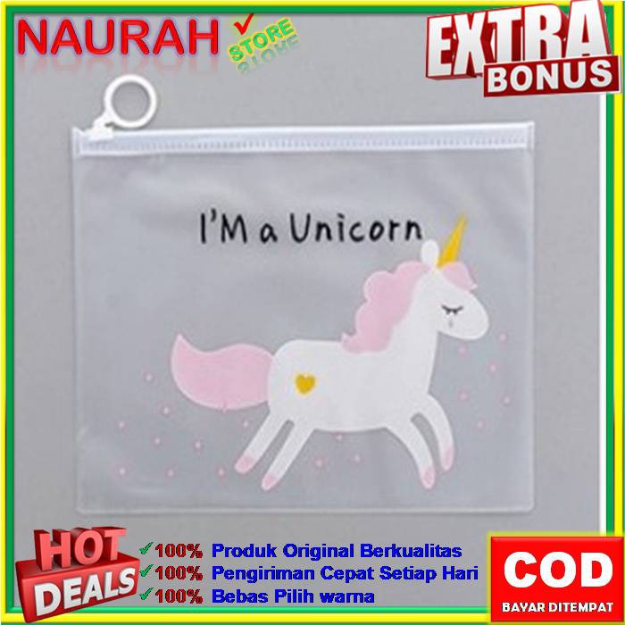 Tas Pouch Resleting Transparan Kosmetik / Pensil / ATK Motif Karakter Unicorn ZipLock Plastik PVC