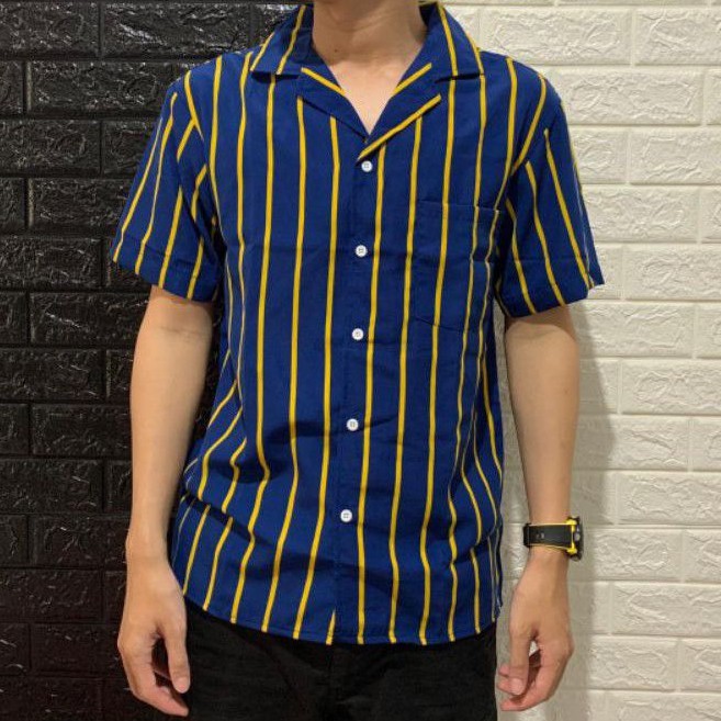 BananaColaFashion - Kemeja Salur Pria/Kemeja Stripe Pria Biru Salur Kuning,Kemeja Casual Pria