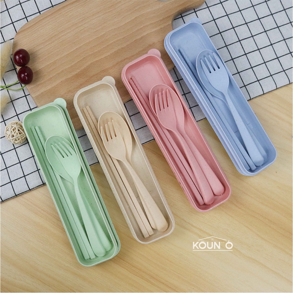 1 Set Alat Makan Sendok Garpu Sumpit + Box Plastik Jerami Wheat Straw Portable Travel Cutlery