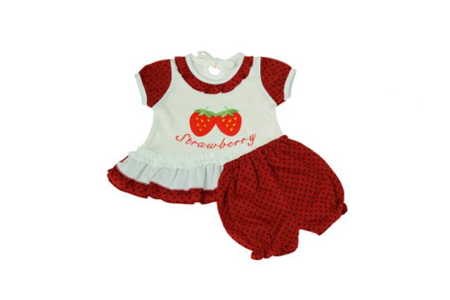 Setelan Baju Bayi Lengan Pendek Motif Strawberry/Baju Bayi Perempuan/Atasan dan Cln Bayi