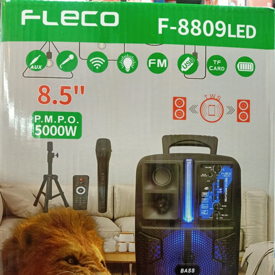 COD SPEAKER BLUETOOTH FLECO F-8809LED 8,5 INCH PLUS MIC WIRELESS + STAND SUPER BASS / SPEAKER KARAOKE WIRELESS X-BASS FLECO 8'5 INCH F-8809LED