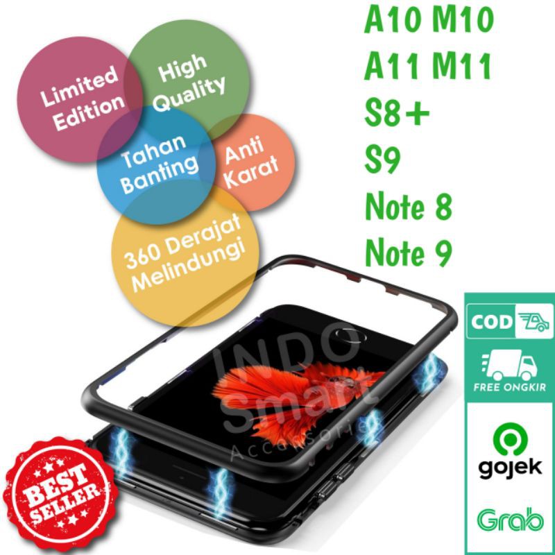 Samsung A11 M11 A10 A10S A20S M10 S8+ S9 S9+ Note 8 9 Case Magnetic Metal Glass Kaca Casing Magnet B