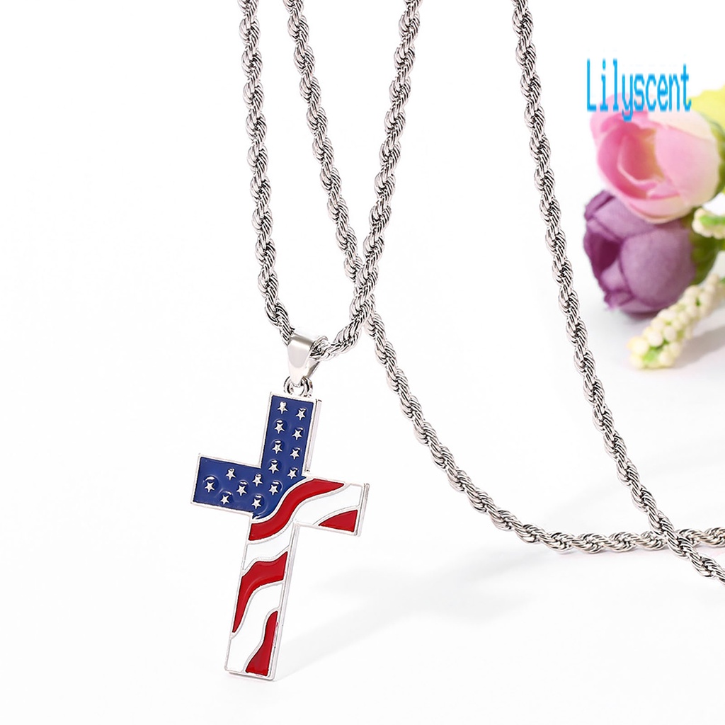 Lily Kalung Rantai Liontin Salib Motif Print Bendera Amerika / National Warna-Warni Untuk Pria