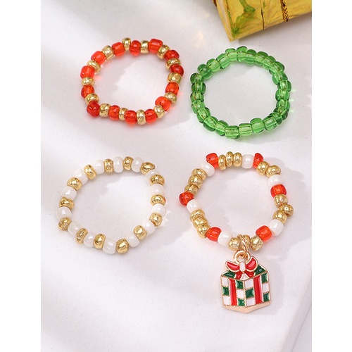 LRC Cincin Fashion Christmas Red And Green Rice Bead Beaded Ring Set Q49549