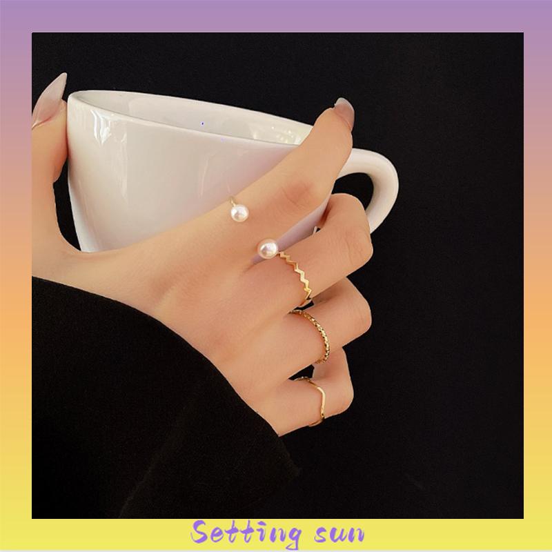 4 Pcs/set Korea Cincin Emas Untuk Wanita Sederhana Mutiara Elegan Cincin Set Dapat Disesuaikan Terbuka Perhiasan Hadiah TN