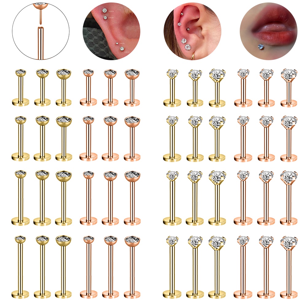 1 Pc 6/8/10/12MM Gold Plug-In Stainless Steel Labret Piercing 16G Lip Ring Crystal Helix Cartilage Stud Body Pircing Jewelry