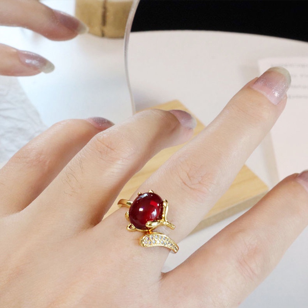 Set Cincin Model Terbuka Desain Geometri Aksen Berlian Ruby Fox Bead Warna Merah Untuk Wanita