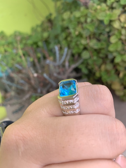 Cincin Pria Perak Topaz Sky Blue Cutting Mewah Berkelas Kantoran Simple Elegan Minimalis