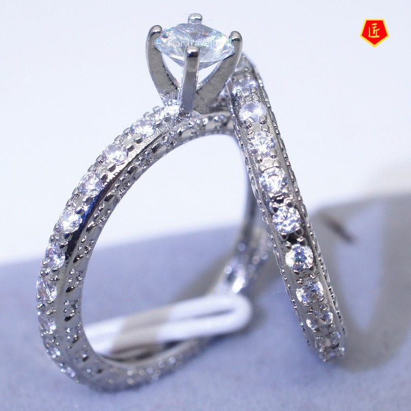 [Ready Stock]S925 Silver Full Diamond round Moissanite Ring Set Female