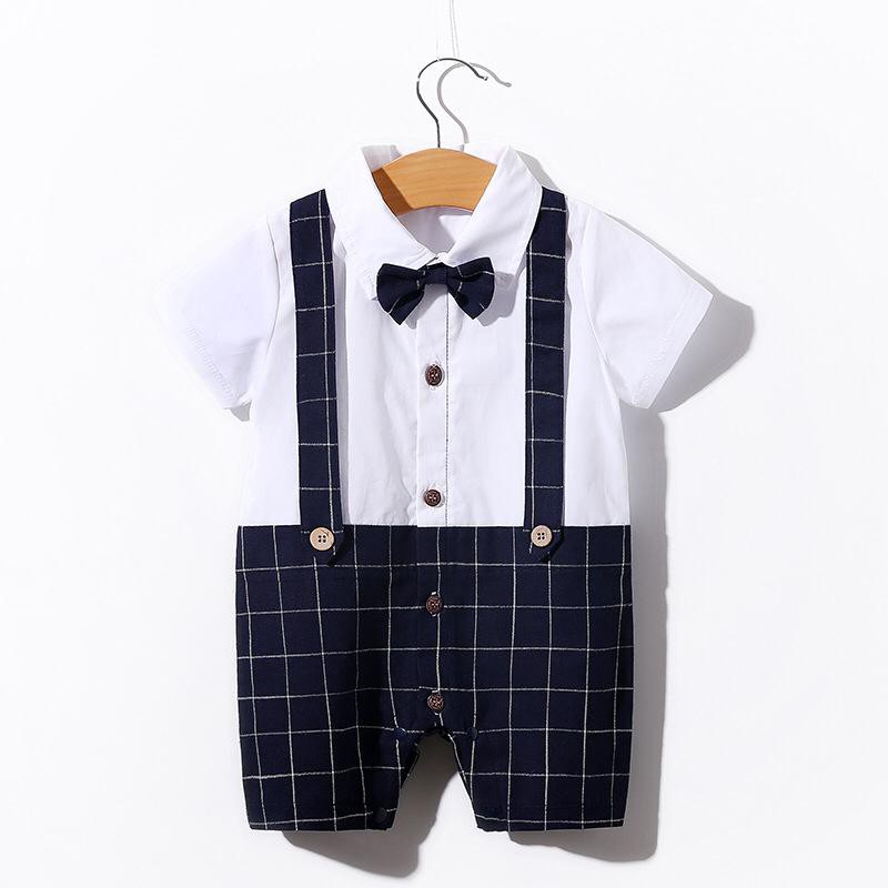 BROWNIEGROUND - Jumper bayi lengan pendek 0-24 BULAN TUXEDO BAYI KOTAK jumpsuit bayi baju bayi impor korea