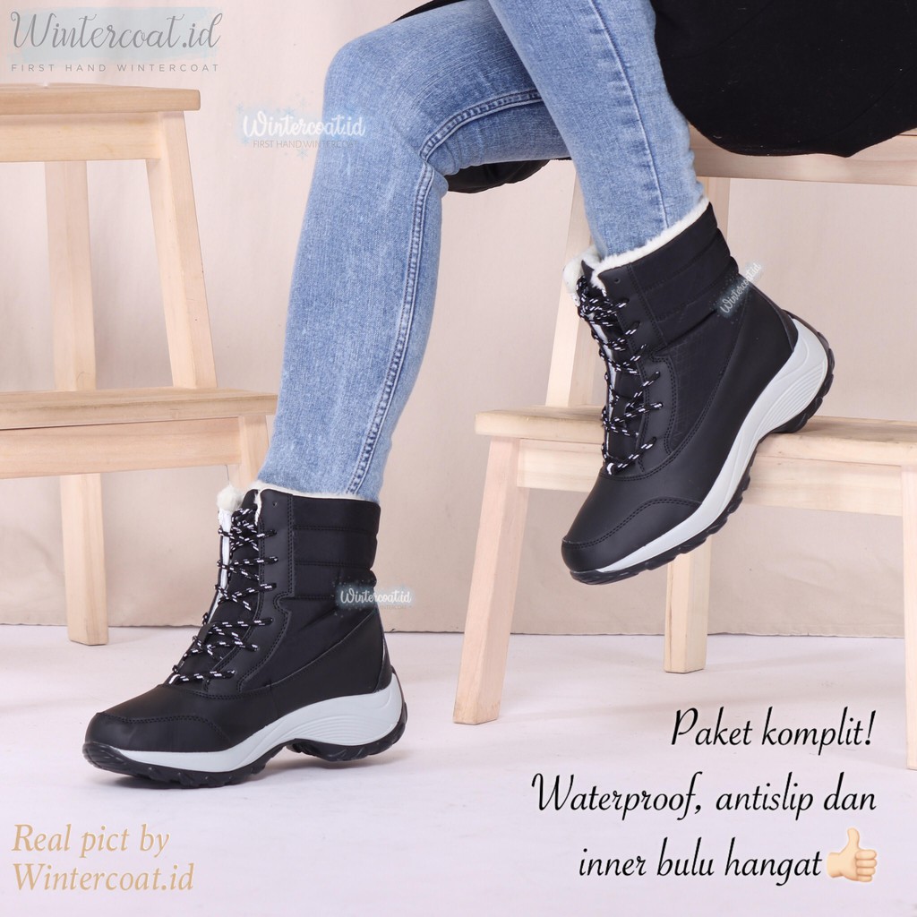 Freya Boots winter snow wanita cewek sepatu musim dingin salju waterproof hitam import thermal anti slip gunung