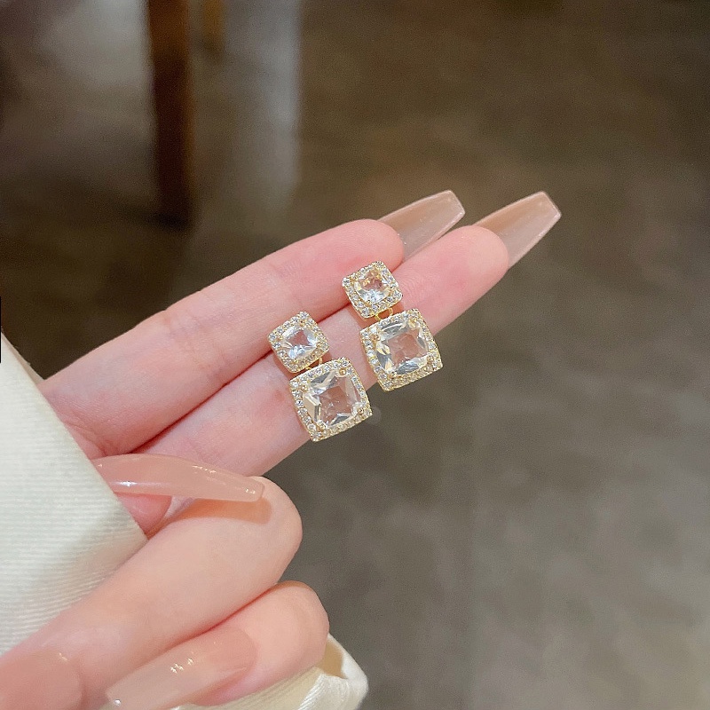 Anting Stud 925 silver needle Bentuk Persegi Geometris Bahan Zirkon