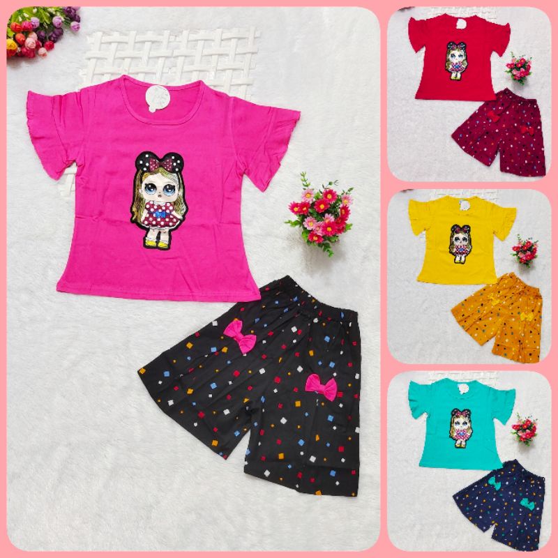 Setelan celana rok anak perempuan usia 1-10 tahun bordir LOL / Baju celana rok pita anak cewek usia 