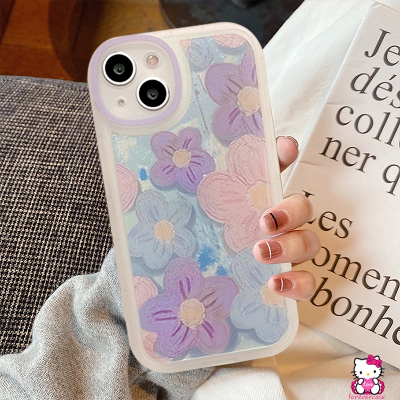 Case Pelindung Lensa Bentuk Oval Motif Lukisan Minyak Bunga Ungu Tahan Banting Untuk IPhone 7 8 Plus 12 13 11 Pro Max X 11 XS Max XR 6 6s Plus SE 2020