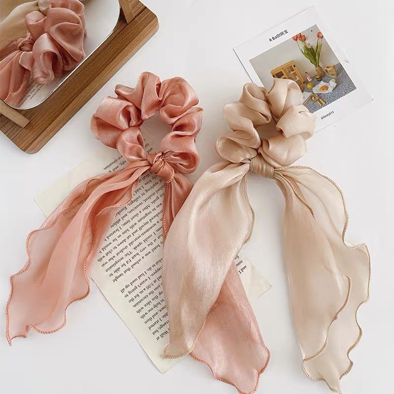 Ikat Rambut Karet Scrunchie Panjang untuk Wanita Korea Motif Polos Bahan Satin Dalika
