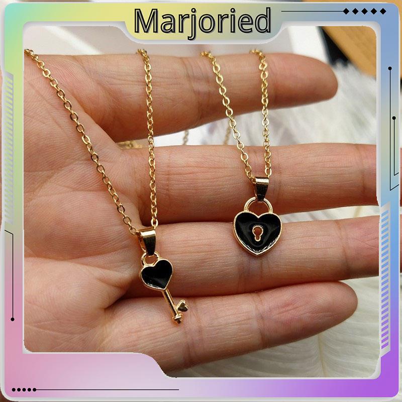 2 Pcs Fashion Wanita Trendi Kunci Liontin Link Rantai Kalung Hati Pasangan Pecinta Kalung-MJD