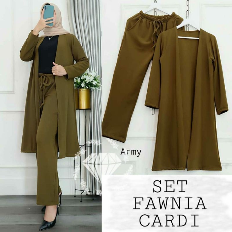 PCS SET FAWNIA FASHION PAKAIAN WANITA SETELAN OUTER CARDI DAN CELANA MOSCREPE KR ADA VIDEO REVIEW ASLI PRODUK