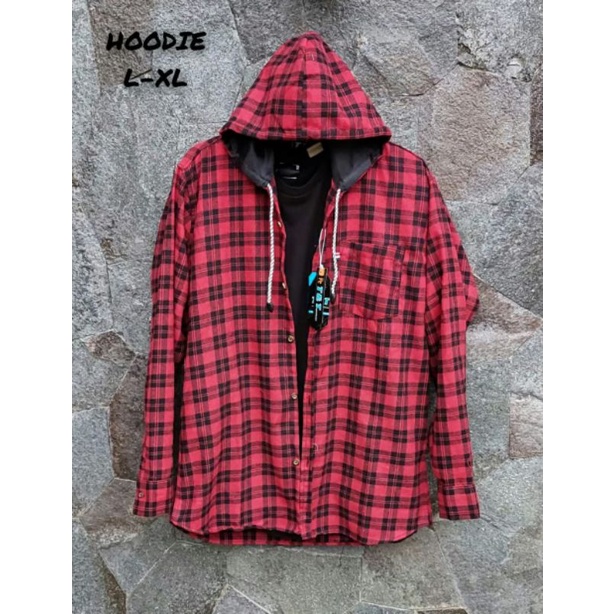 kemeja flanel hoodie unisex lengan panjang,flanel bertopi pria terlaris termurah