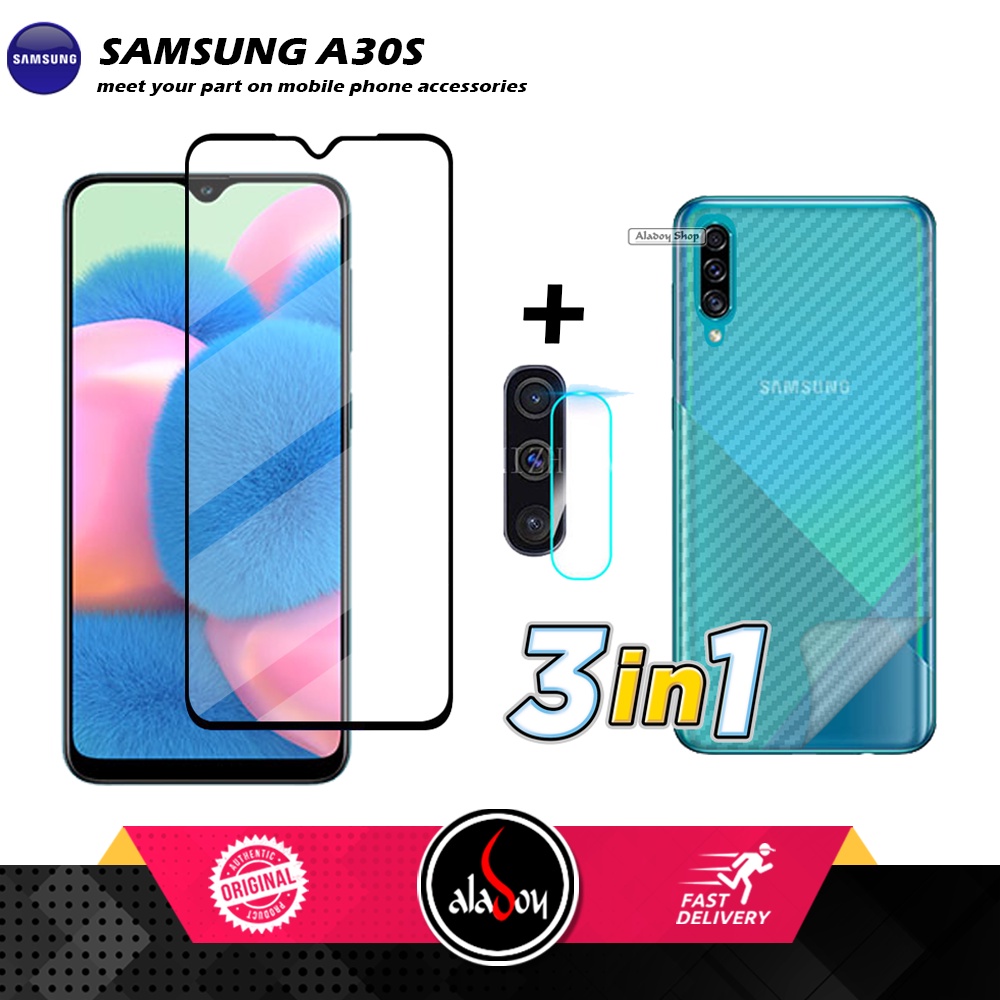 PAKET 3 IN 1 Tempered Glass Layar Samsung A30SS Free Tempered Glass Camera dan Skin Carbon