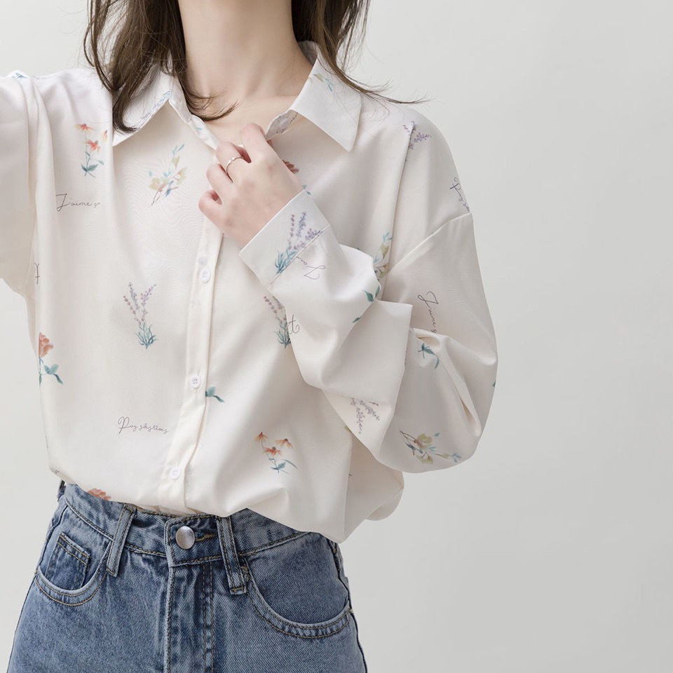 【impor】 Atasan kemeja wanita sifon lengan panjang putih POLO motif bunga formal-1