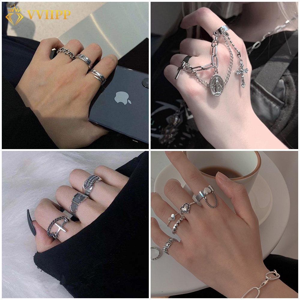 Butterfly Set Cincin Rantai Desain Kupu-Kupu Hati Salib Warna Silver Untuk Wanita