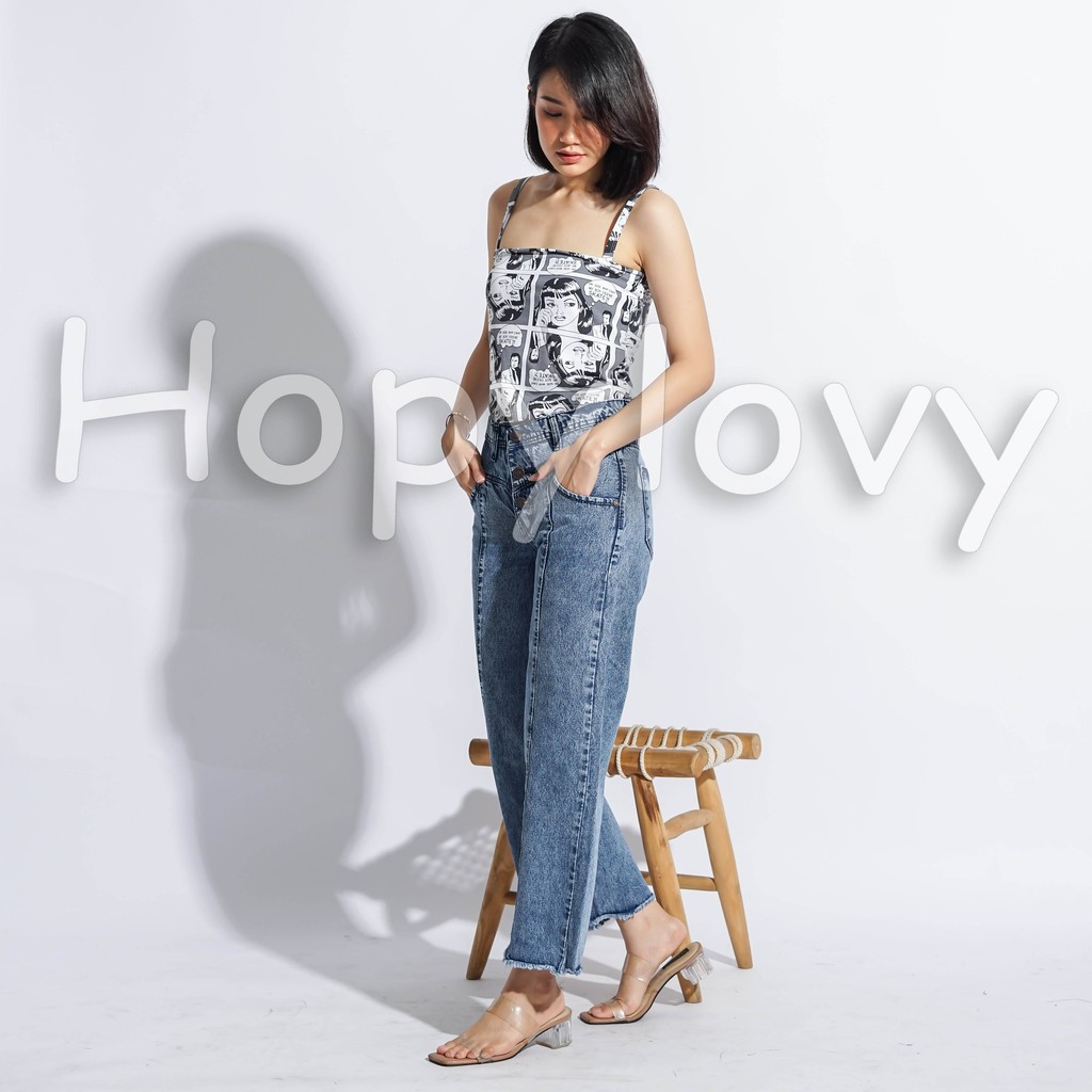 HOPYLOVY - Celana Kulot Jeans Wanita Highwaist 3 Kancing Depan Zarara