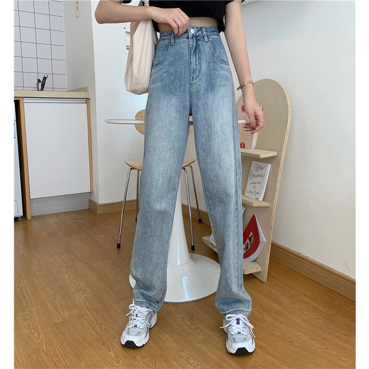 New Korean retro high-waist loose jeans straight-legged wide-legged celana panjang Wanita