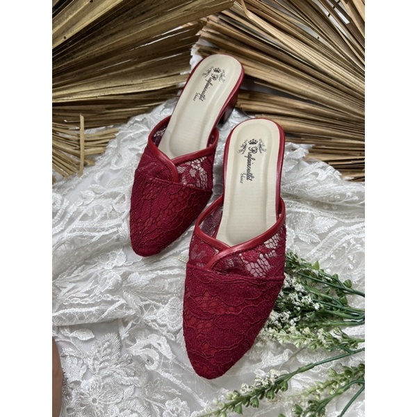 sepatu wanita merah marron cindy tanpa tali tinggi 3cm tahu