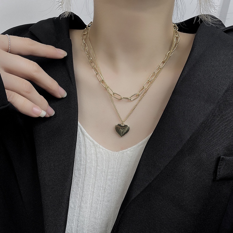 Korea ins elegan jantung-berbentuk double-layer twin kalung wanita cinta pribadi liontin retro peach