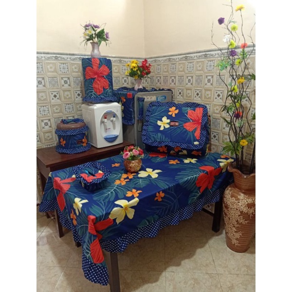 Promo set dapur (taplak meja +sarung galon+tutup magicom+tutup tudung saji+tutup kulkas+tempat tisu)