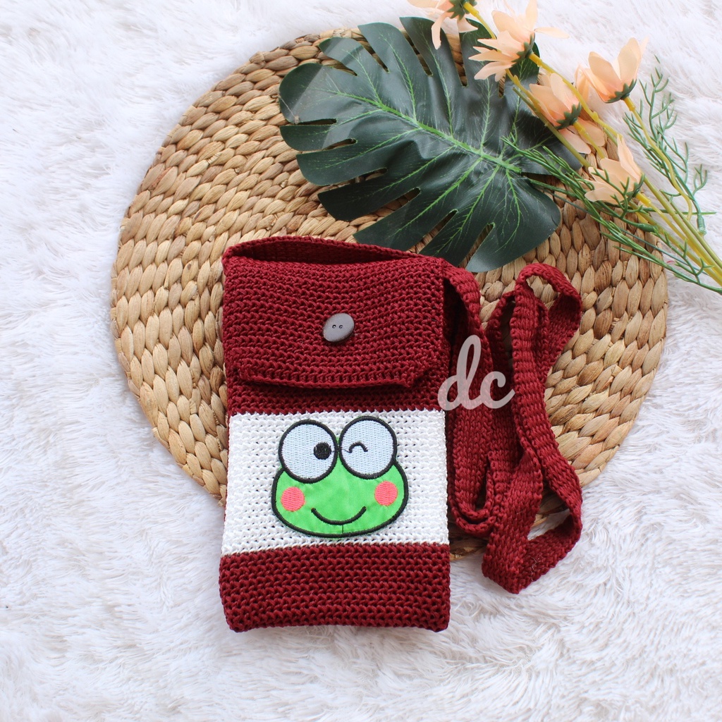 Tas hp rajut keroppy // slingphone karakter keropi rajut murah / tas selempang wanita