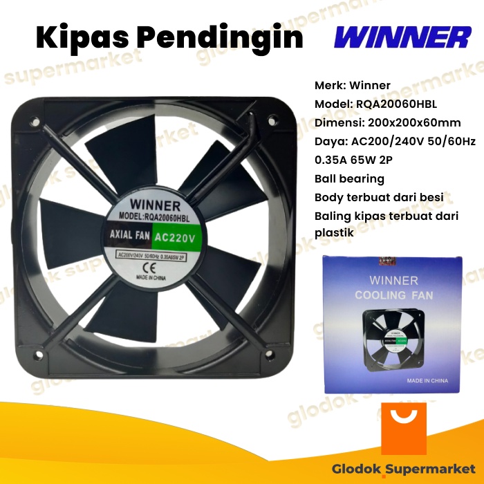 Kipas Pendingin Winner 20cm Cooling Fan AC 220v Ball Bearing 20 x 20 x 6 cm