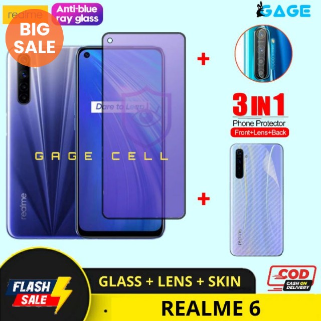 MURAH 3IN1 Tempered Glass Anti Blue Light Realme 6 / Tg Anti Gores Radiasi Realmi 6 Full Layar