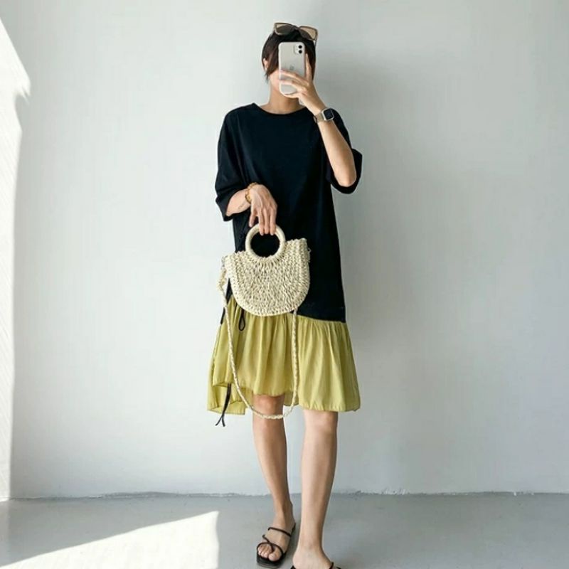 85810 Baju Dress Midi polos bawah rempel lengan pendek polos dan garis bahan katun import impor wani