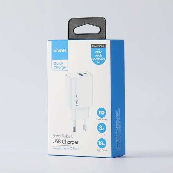 A - VIVAN Adaptor Charger Power Turbo 18 PD Dual Port Output Quick Charge&amp;VOOC Flash 3A Garansi Original