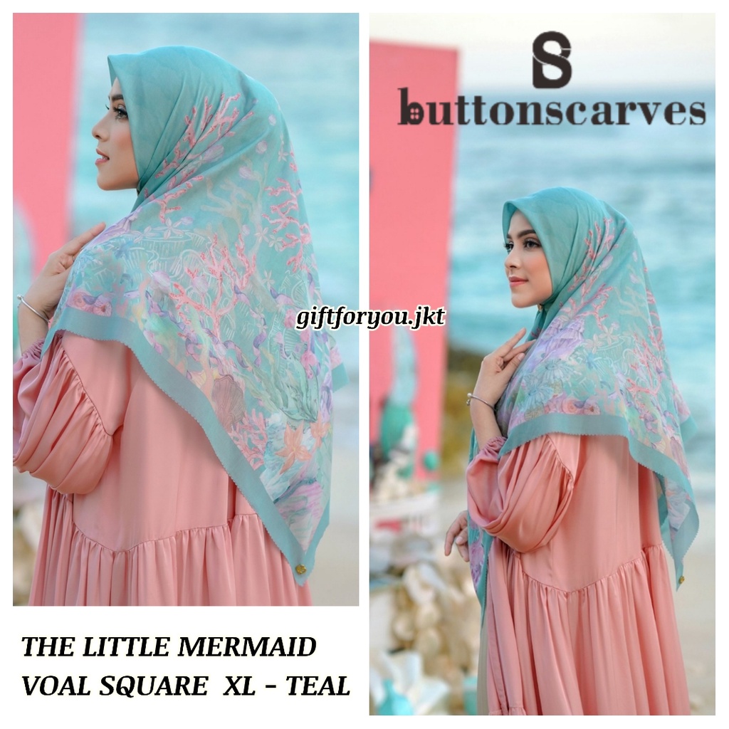 Buttonscarves The Little Mermaid Teal Voal Square XL Original Hijab Kerudung Premium Disney