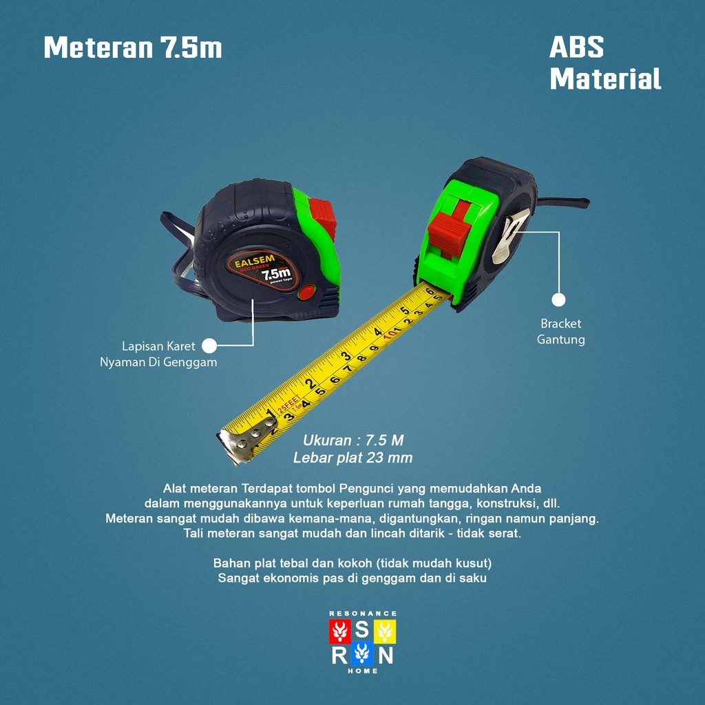 Meteran 7.5M Tukang Bangunan Roll 7.5 Meter Measuring Tape Resonance Home