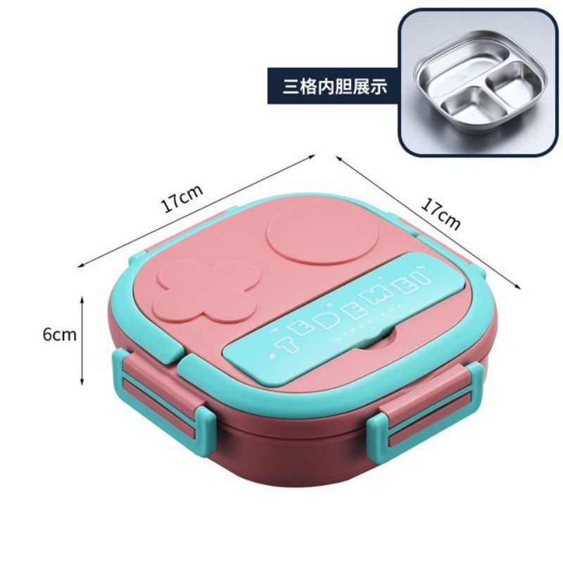 KOTAK MAKAN 3 SEKAT / BEKAL MAKAN / TEMPAT MAKAN ANAK STAINLESS STELL 304 / KIDS LUNCH BOX SET PREMIUM ( TD ) 550MILI HIGH QUALITY BPA FREE