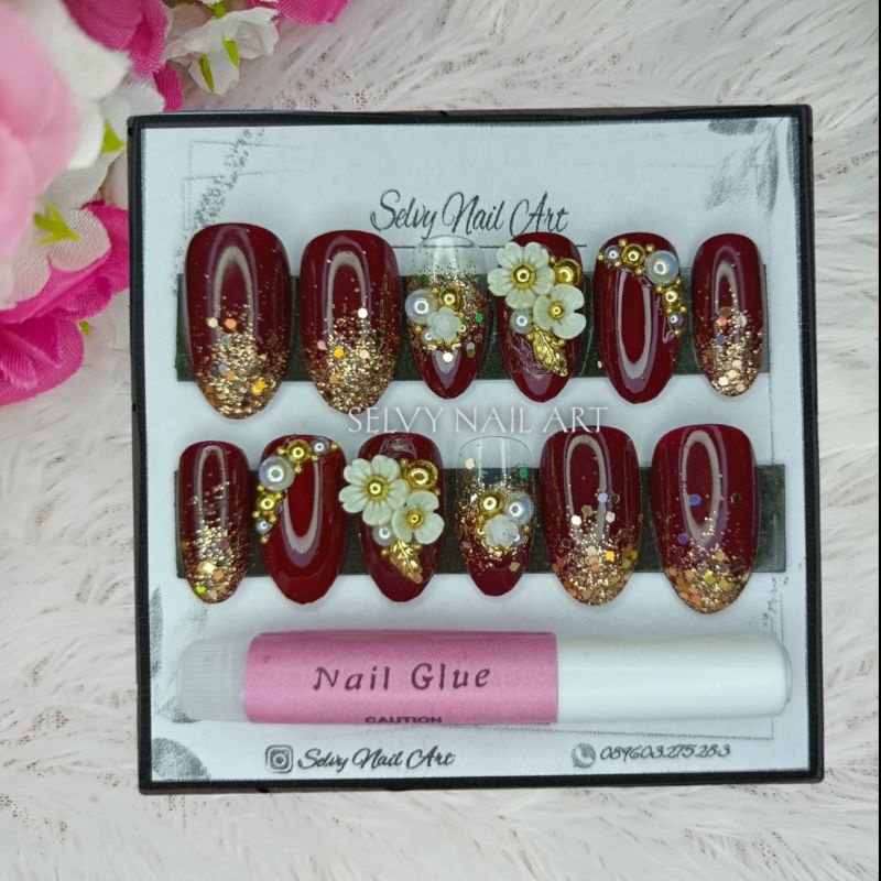 Kuku Palsu Maroon Gold / Fake nails Kuku palsu wedding / Kupal wedding / Nail art