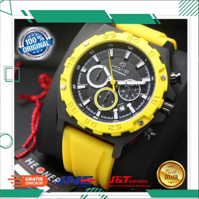 JAM TANGAN HEGNER PRIA COWOK ORIGINAL ORI BRANDED ANALOG HW 1671 BLACK YELLOW