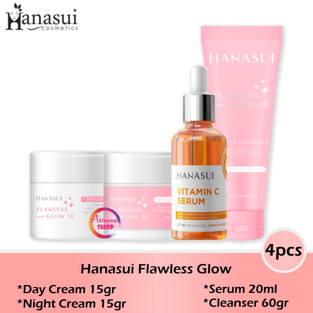 Paket Hanasui Flawless Glow 4pcs (day cream 15gr+night cream 15gr+Serum kuning 20ml+Cleanser 60gr)