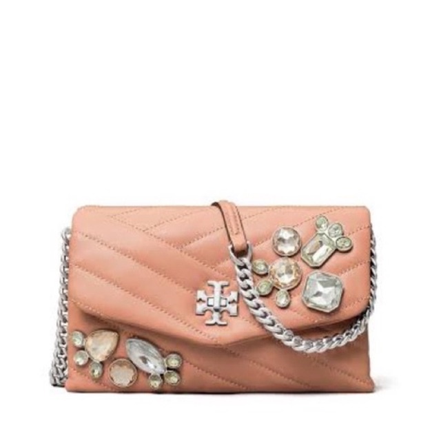 Tory burch tb kira chevron chain wallet pink moon jeweled