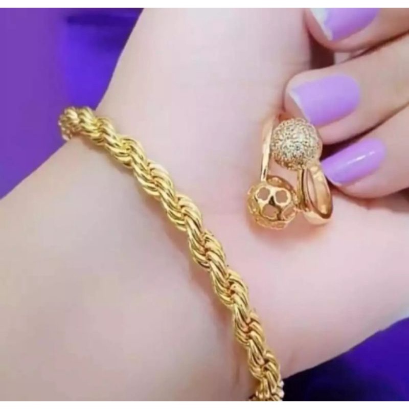 gelang tangan tambang set cincin bola dua combi perhiasan wanita pengganti emas gold