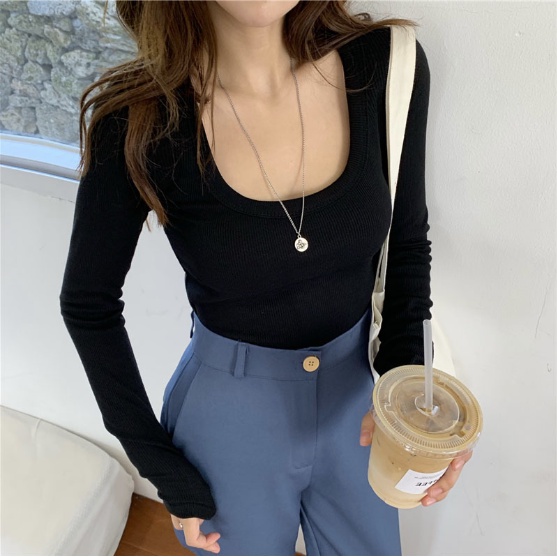GirlWish Fashion Korean Crop Knit Top Long Sleeve U-Neck Knit Top Atasan Crop Lengan Panjang Atasan Wanita LS001